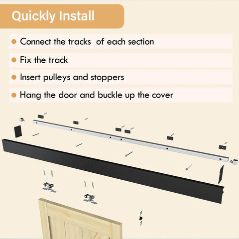 Assembly diagram for 6.6Ft Sliding Barn Door Hardware Kit With Low Clearance Aluminum Alloy Box Rail Interior Track Quiet Rollers And Shock Absorbers For A Smooth Noiseless Sliding Experience Easy To Install Black Finish For Home And Office.