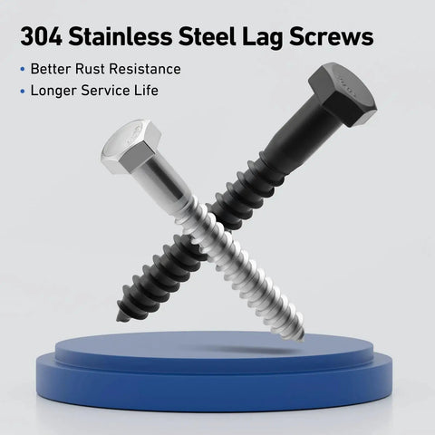 304 stainless steel black zinc plated lag screws featured with text about rust resistance and service life on a blue stand.