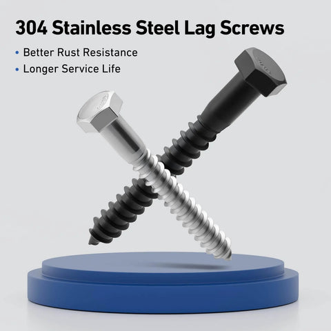 Image showing two 304 stainless steel lag screws with a black zinc finish, highlighting rust resistance and longevity.