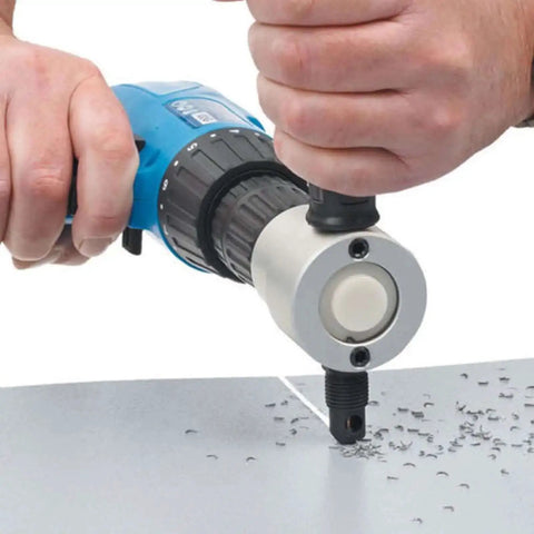 Hand using Two Head Sheet Metal Nibbler Cutter Built Tough 360 Degree Nibbler Drill Attachment for Die Cutting Aluminum Sheet
