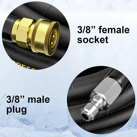 Power washer hose with 3/8 inch brass female socket and 3/8 inch male plug—close-up connector views