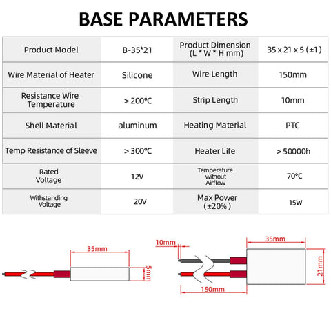 Two PTC plate heaters with aluminum shell and polyimide film plate, silicone wires, 12V, 15W, base parameters diagram
