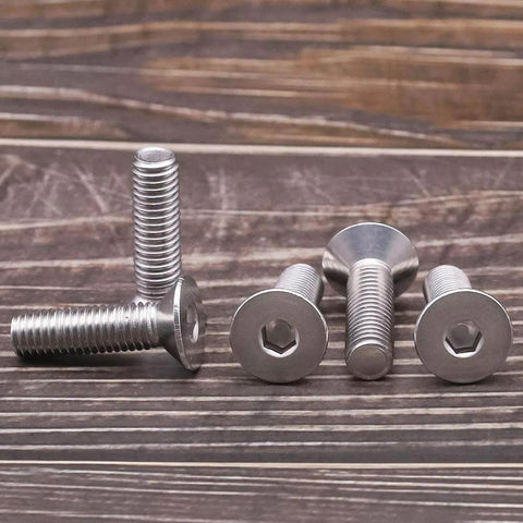 Beefy Flat Head Socket Cap Screws M6 x 12mm Countersunk, DIN7991, 304 Stainless Steel 18-8, Allen Hex Drive displayed on wood surface