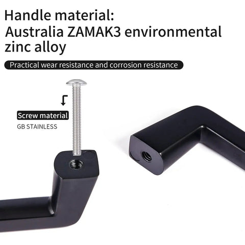 Six Inch Black Cabinet Pulls Set showing screw installation close-up, materials include ZAMAK3 zinc alloy and stainless steel screws.