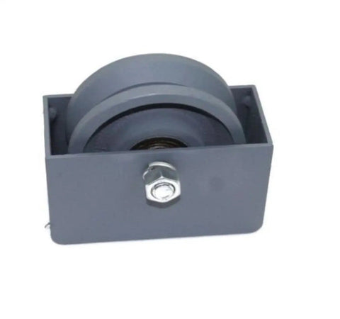 Heavy Duty Four Inch Cast Iron V Groove Wheel With Weldable Wheel Box for Sliding and Rolling Gates, includes weld-in box and axle bolt