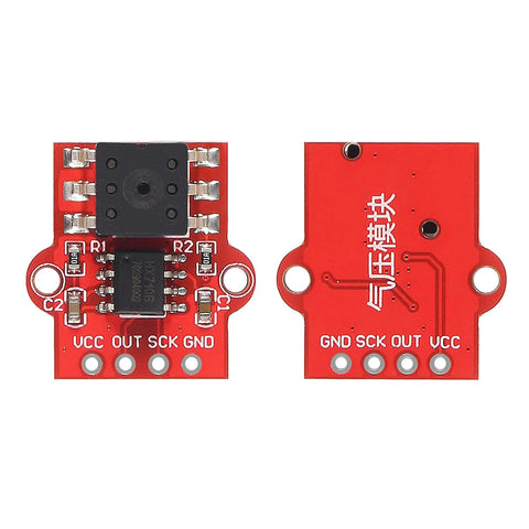 Two red ALMOCN barometric pressure sensor breakout boards, front and back views showing VCC OUT SCK GND pins.
