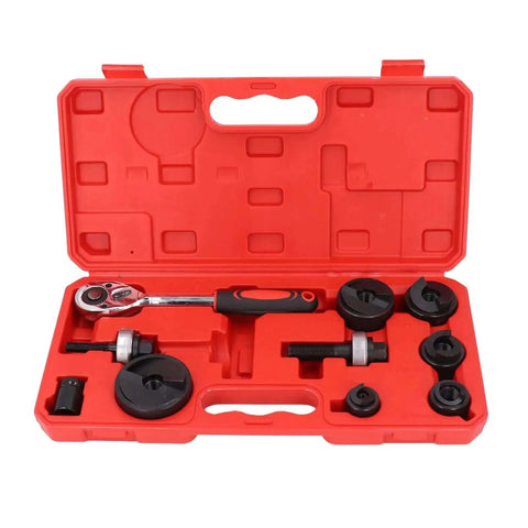 Pro Grade Beefy Ratchet Knockout Hole Punch Kit for Metal and Plastic heavy duty manual punch tool in red carrying case with 6 punches
