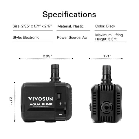 VIVOSUN Aqua Pump front view, submersible water pump, 210 GPH 800 L/H, 8W, black, 3.3 ft lift, two nozzles