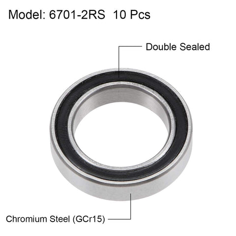 uxcell 6701-2RS deep groove ball bearing, 12x18x4 mm, double sealed chrome steel (GCr15)
