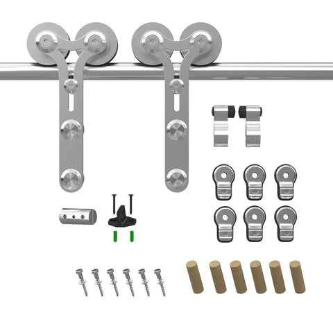 Stainless Steel Sliding Barn Door Hardware Kit With 7Ft Rail For Single Door Fits 42 Inch Panel Smooth Quiet Operation 220Lb Weight Capacity Includes Track Spliced Rail Wall Hangers Rail Connector 2 Rollers 2 Door Carriers Y Shape Hangers