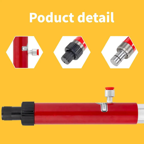 Close-up of 10 Ton Hydraulic Floor Jack Pump Portable Ram For Auto Body And Frame Repair showing red cylinder and fittings