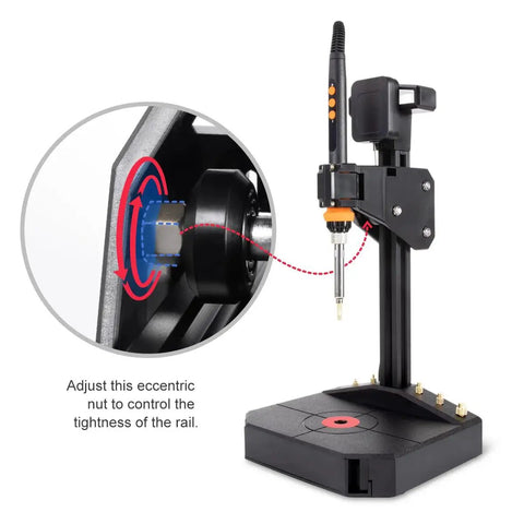 Heat Set Insert Tool With 90W Soldering Iron And M2 To M8 Tips And 30 Inserts on adjustable base with eccentric nut detail