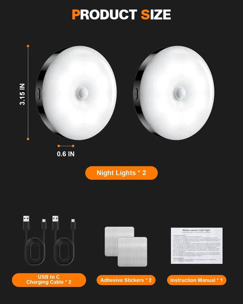 Rechargeable Magnetic Puck Lights With Motion Sensor, Three Lighting Modes And Dimmable Brightness, with accessories shown.