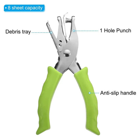 One Quarter Inch Hole Punch Handheld With Soft Grip Ergonomic Handle For DIY Crafts Scrapbooking Tags And Tickets Card Making 6mm Metal Paper Puncher Non Slip Removable Handle Portable Green with anti-slip grip and debris tray