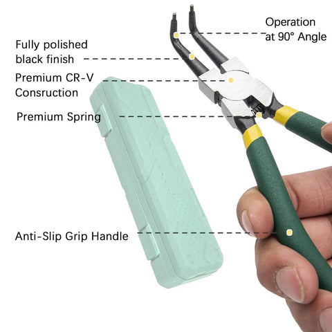 Close-up of Pro Grade 4 Piece Snap Ring Pliers Set 7 Inch Heavy Duty Circlip Pliers Kit with straight bent tips CR-V steel
