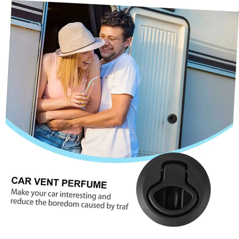 Round flush pull slam latch, black marine-grade door lock for boats and RVs.