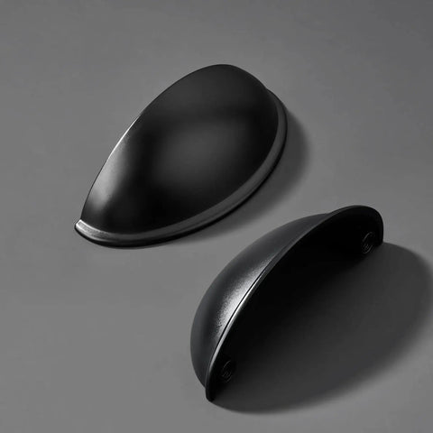 Matte Black Cup Pulls Set of 10 for Cabinets and Drawers Three and Eleven Sixteenths Inch Length, front and top view displaying design.