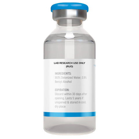 Reconstitution solution vial, 30 mL, borosilicate glass with blue cap, lab research use only (RUO) label.