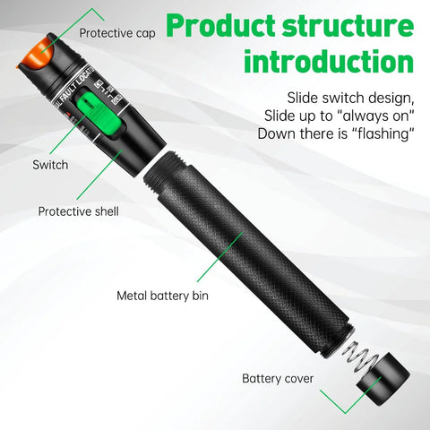 Moocci visual fault locator fiber optic tester with FC to LC adapter, black handheld tool with green switch and knurled grip.