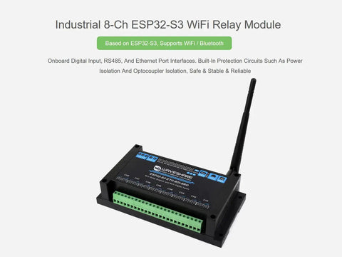 8 Channel ESP32 S3 WiFi Relay Module With Onboard RS485 Digital Inputs Relay Outputs Ethernet Port And Multiple Isolation Protection Circuits For Industrial Automation And Bluetooth WiFi Remote Control front view