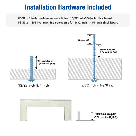 Installation guide showing hardware included with 8 Pack Brushed Nickel Cabinet Handles for 3 Inch Hole Centers and various board thicknesses.