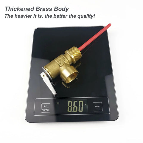 Brass RV water heater relief valve with lever, 3/4 in NPT, on digital scale showing 8.60 oz