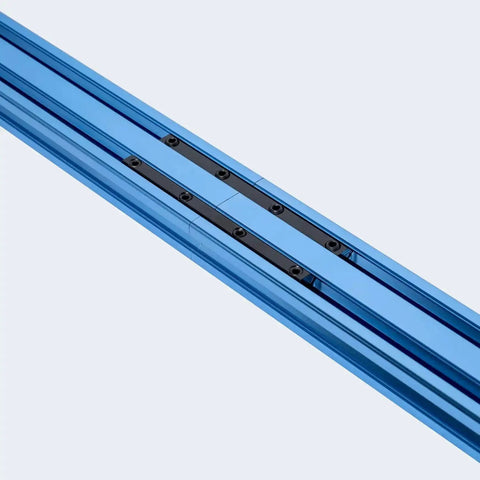 Close-up of a mounted straight connector on a blue aluminum extrusion, part of the Straight Connector Corner Bracket Set For Aluminum Extrusion Fits T Slot And V Slot Profiles Ideal For CNC Machines 3D Printers And Custom Enclosures Includes 8 Connectors 32 M5x6L Screws And M3 Hex Key.