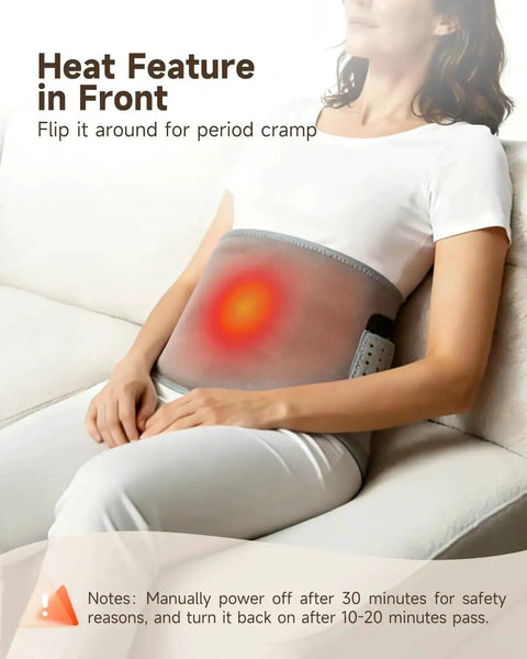 Wireless Heating Pad With Massager For Back Pain Relief Portable Wearable Heat Belt in use on woman's lower back
