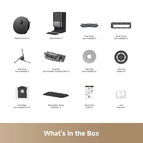 DREAME L40 Ultra Gen 2 robot vacuum kit with base station, brushes, dust box, mop pads x2, dust bags x2, ramp extension, quick start guide.