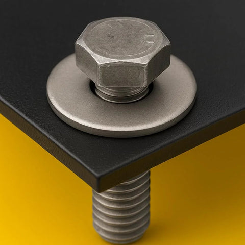 Stainless steel flat washer with hex bolt and nut on a black metal panel