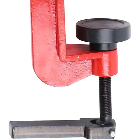 Close-up of 7 Inch Manual Bead Roller for Metal Bending, showing clamp detail, 22 Gauge Capacity, 6 Die Sets, Cast Steel Build.