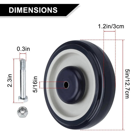 Dimensions of a 5 Inch Heavy Duty Shopping Cart Replacement Wheel with 0.3125 Inch Bore, showing axle bolts and lock-nuts.