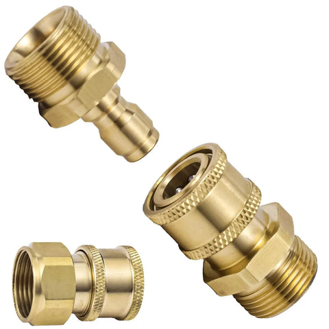 4 Pack M22 To 15mm To One Quarter Inch Pressure Washer Adapters Quick Disconnect Hose Fittings Kit For Power Washers Up To 5000 PSI With Gaskets And Tape, brass fittings shown.