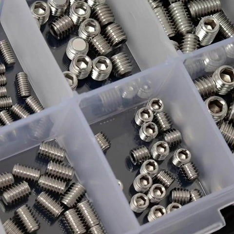 100 Piece Grub Screw Assortment In 304 Stainless Steel And Carbon Steel With Allen Hex Socket Cup Point, Organized Case