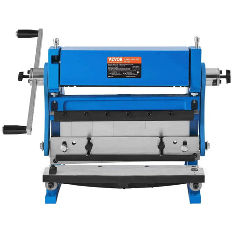 12 Inch 3 In 1 Sheet Metal Shear Brake Roll Machine for home shop with blue finish, showcasing front view of DIY-friendly tool.