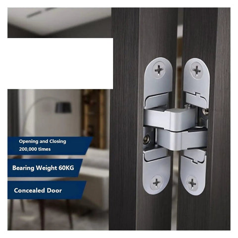 Three Dimensional Invisible Door Hinges For Wooden Doors That Fold And Hide With 180 Degree Inside And Outside Opening Hidden Hinges In Gold Finish Right Open By Youngran installed on a wooden door close-up.