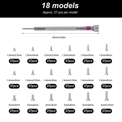500-Pack Self-Tapping Micro Screws M1.2 M1.4 M2 For Eyewear, Watches, Laptops And Electronics - 18 models with screwdriver