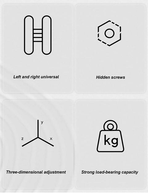 Illustration showing features of hidden door hinges, including left-right universal, hidden screws, 3D adjustment, load-bearing capacity.