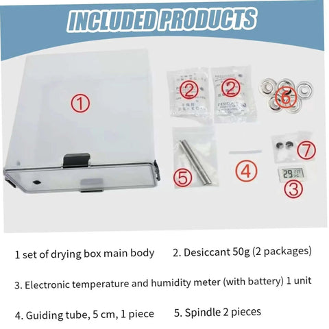 Included products for See Through Filament Dryer Box For 3D Printer With Air Tight Seal package contents