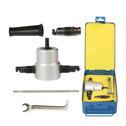 360 Degree Rotating Double Head Thin Sheet Metal Cutter Nibbler Drill Attachment, tool parts and storage case