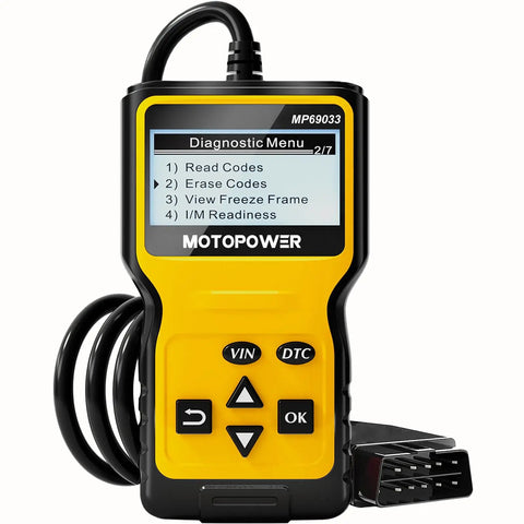 OBD2 Code Reader For All Cars Since 1996, Read And Clear Codes, Real Time Data, Freeze Frame, IM Readiness, Vehicle Info, DTC Lookup, CAN Diagnostic Tool, Yellow, displayed with diagnostic menu.
