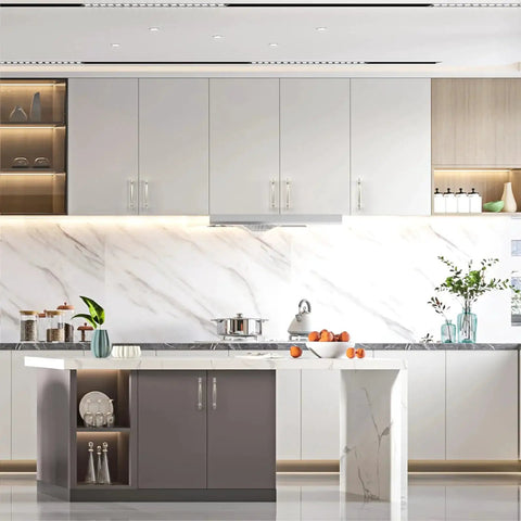 Modern kitchen with 10 Pack 5 Inch Brushed Satin Nickel Cabinet Handles for Kitchen Cabinets and Drawers installed.
