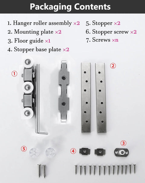 Ceiling Mounted Sliding Door Track Kit With Bypass Pocket Hardware packaging contents including hanger roller assembly, mounting plate, floor guide, stopper, and screws.