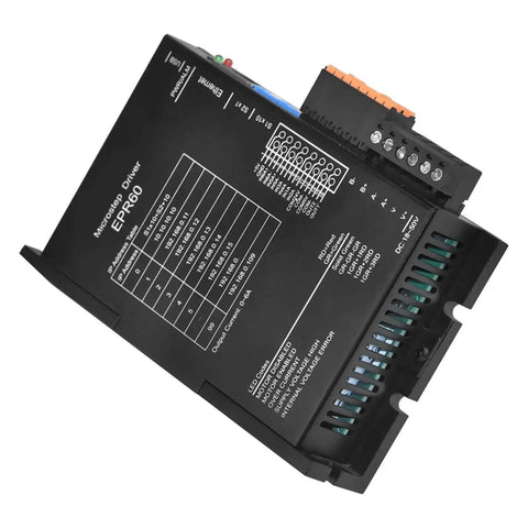 EPR60 Nema 23 Stepper Motor Driver With Ethernet Fieldbus for EP Series Utilizing Modbus TCP Protocol, top view showing ports.