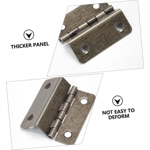 Three Fold Right Angle Hinge Set For Wooden Boxes And Cabinets heavy-duty durable iron hinges shown with thickness and sturdiness.