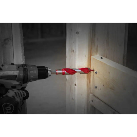 Drill using Auger Bit for Wood and Nail-Embedded Wood by Diablo, 1-1/2 In Diameter, 7-1/2 In Length, on wooden board
