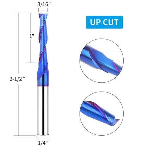 Upcut Spiral Router Bit With 1/4 Inch Shank And 3/16 Inch Cutting Diameter For Wood Mortises 1 Inch Cutting Length And 2-1/2 Inch Total Length Solid Carbide CNC Router Bit With NACo Coating For Easy 2D 3D Carving And Engraving By EANOSIC