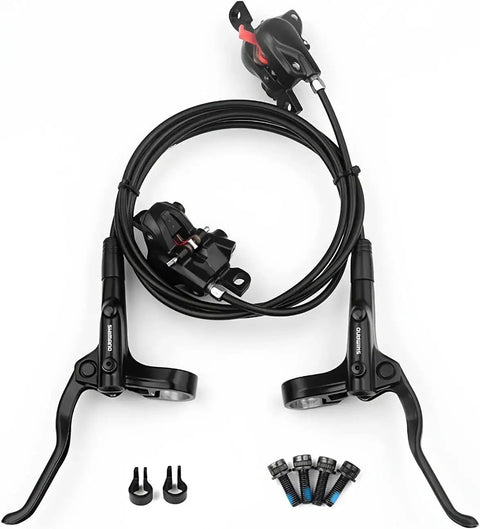 Shimano MT200 hydraulic disc brake set, front and rear, black, 800mm front and 1450mm rear hoses, mounting hardware.