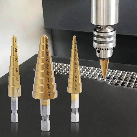 Titanium Coated Step Drill Bit Set For Aluminum Wood And Plastic Holes High Speed Steel Cone Bits Multi Size Unibit 3 Piece Kit For DIY Enthusiasts Aleric showing bits and drill in use
