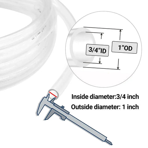 See-Through Vinyl Tubing Three Quarters Inch Inner Diameter By One Inch Outer Diameter, Fifty Feet, Flexible PVC Hose dimensions